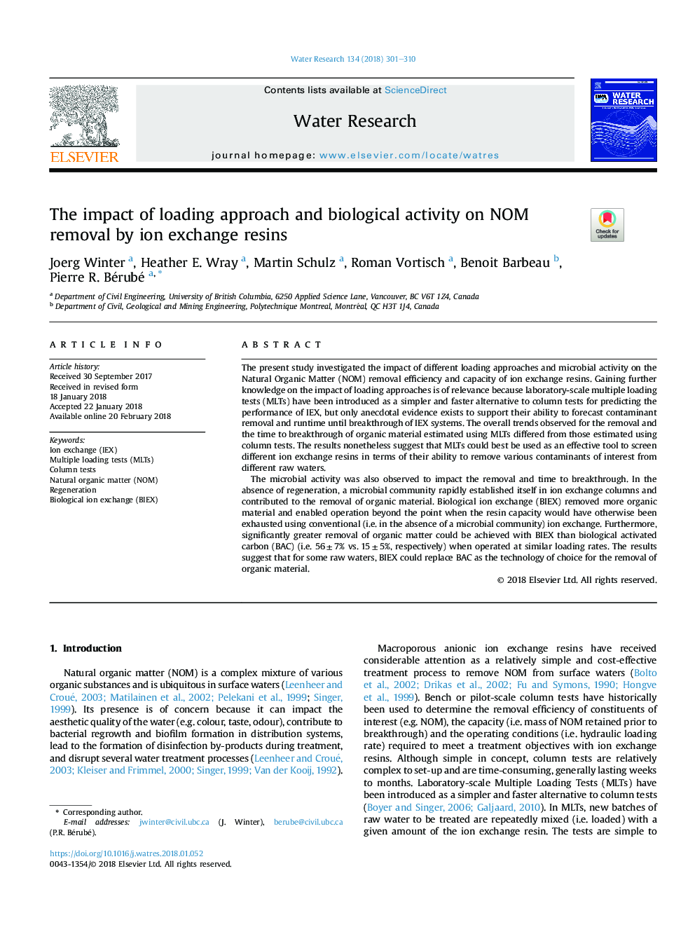 The impact of loading approach and biological activity on NOM removal by ion exchange resins