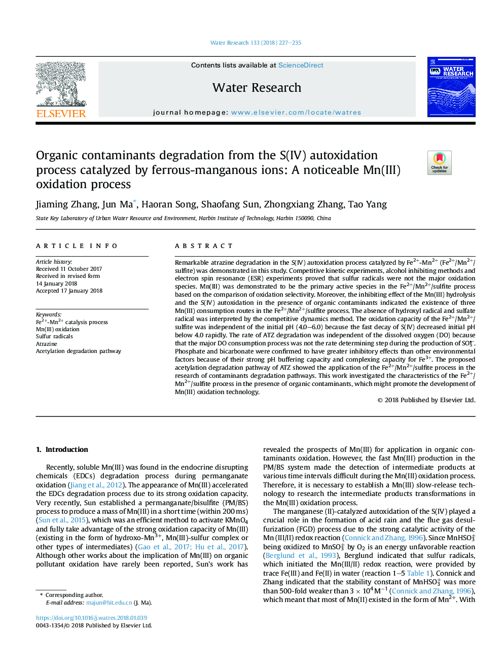 Organic contaminants degradation from the S(IV) autoxidation process catalyzed by ferrous-manganous ions: A noticeable Mn(III) oxidation process