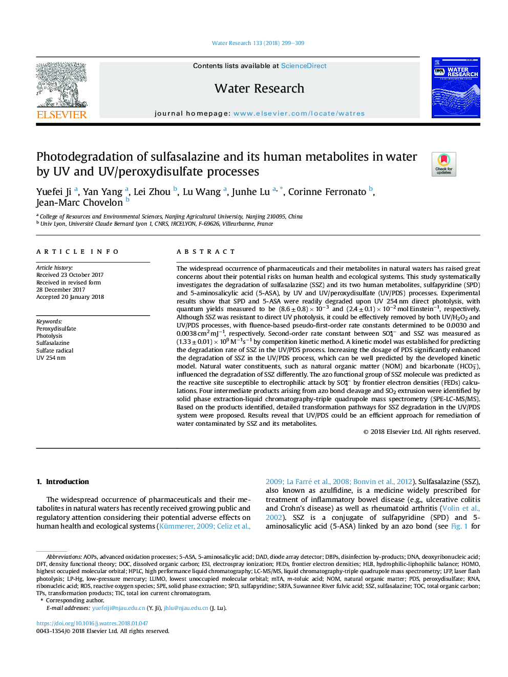 عکس صفحه اول مقاله: Photodegradation of sulfasalazine and its human metabolites in water by UV and UV/peroxydisulfate processes Photodegradation of sulfasalazine and its human metabolites in water by UV and UV/peroxydisulfate processes