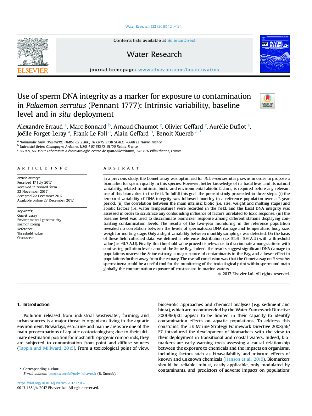 Use of sperm DNA integrity as a marker for exposure to contamination in Palaemon serratus (Pennant 1777): Intrinsic variability, baseline level and in situ deployment