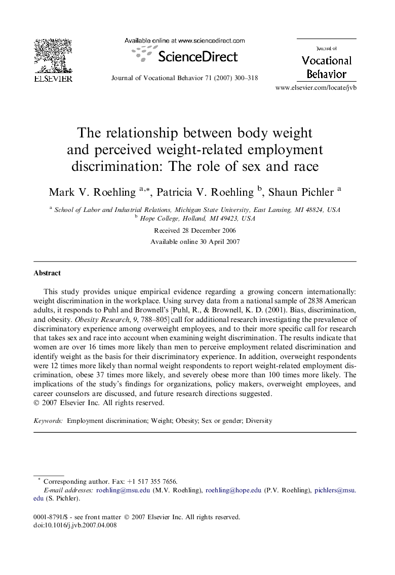 The relationship between body weight and perceived weight-related employment discrimination: The role of sex and race