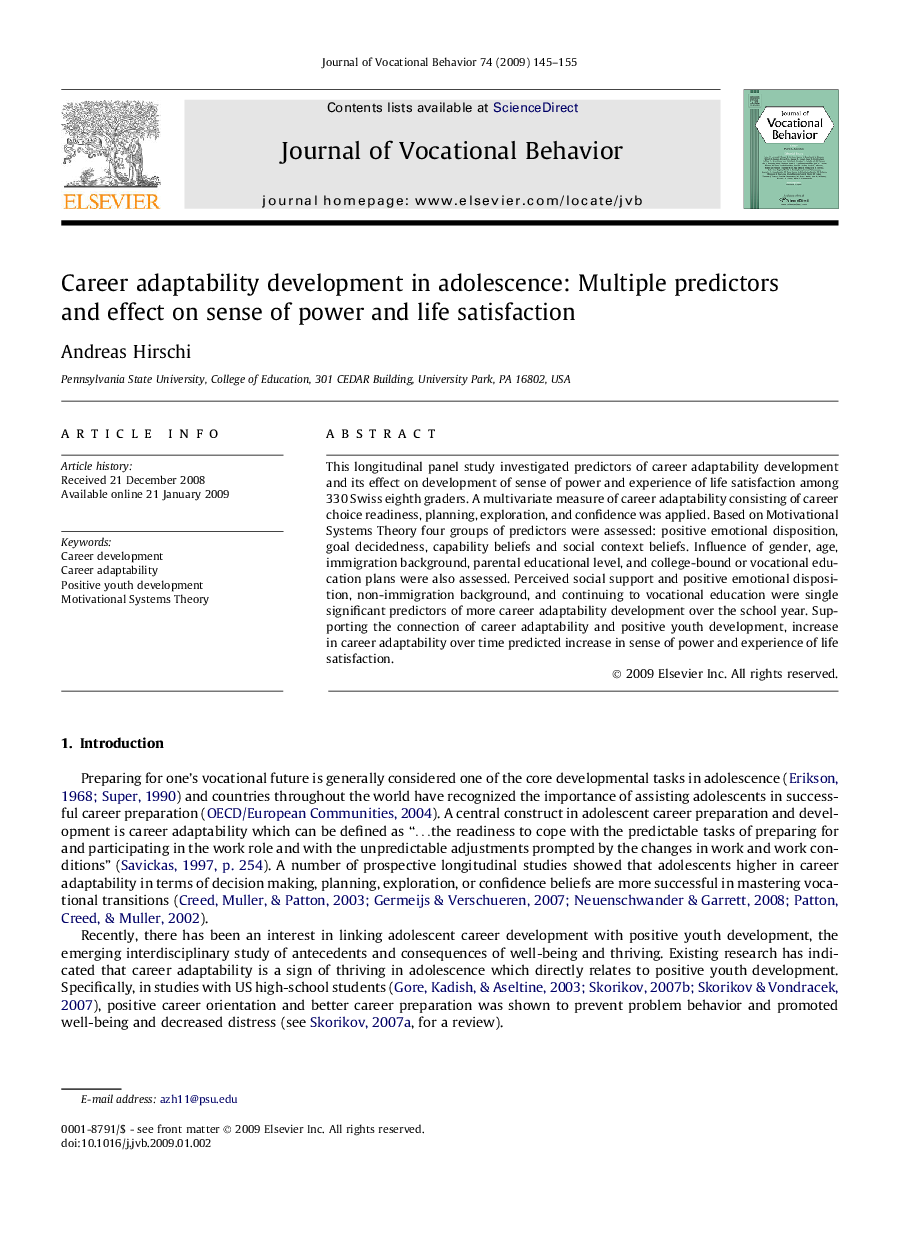 Career adaptability development in adolescence: Multiple predictors and effect on sense of power and life satisfaction