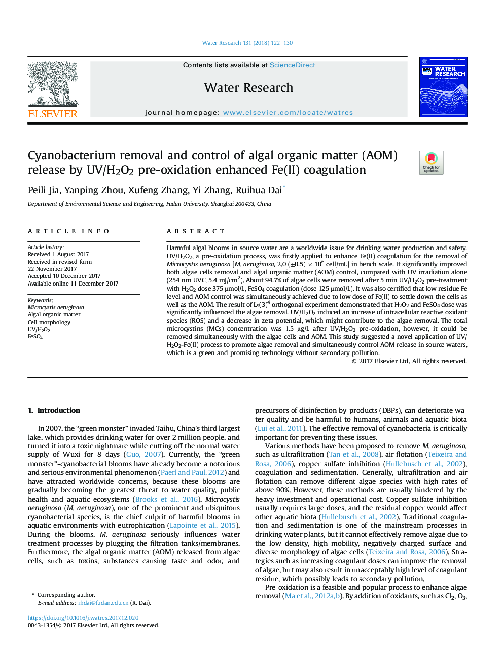 Cyanobacterium removal and control of algal organic matter (AOM) release by UV/H2O2 pre-oxidation enhanced Fe(II) coagulation