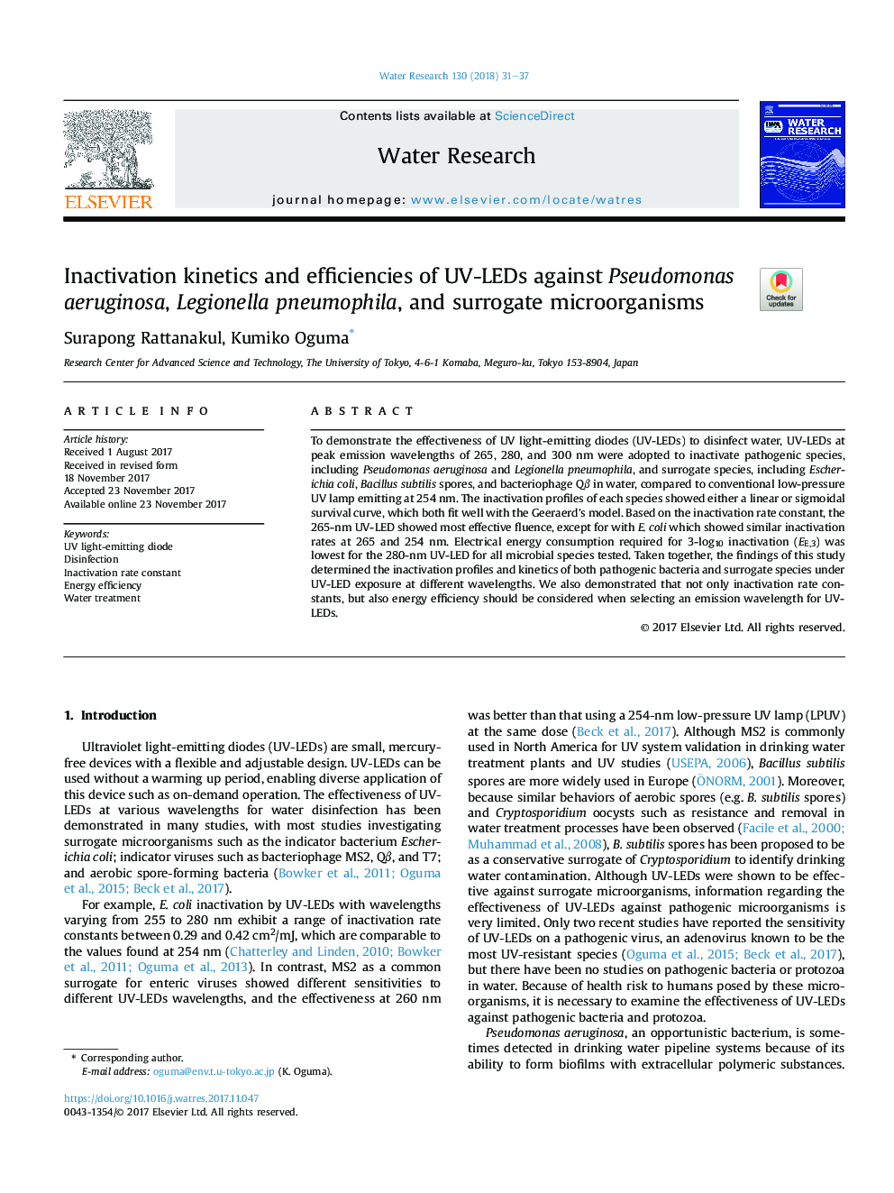 Inactivation kinetics and efficiencies of UV-LEDs against Pseudomonas aeruginosa, Legionella pneumophila, and surrogate microorganisms