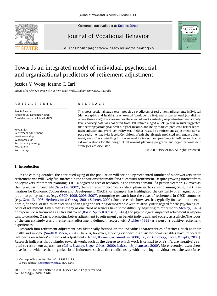 Towards an integrated model of individual, psychosocial, and organizational predictors of retirement adjustment