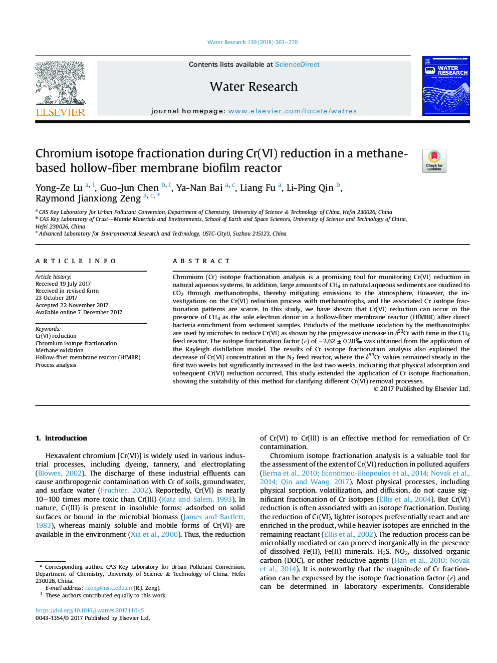 Chromium isotope fractionation during Cr(VI) reduction in a methane-based hollow-fiber membrane biofilm reactor