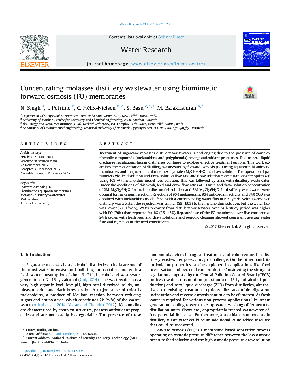 Concentrating molasses distillery wastewater using biomimetic forward osmosis (FO) membranes