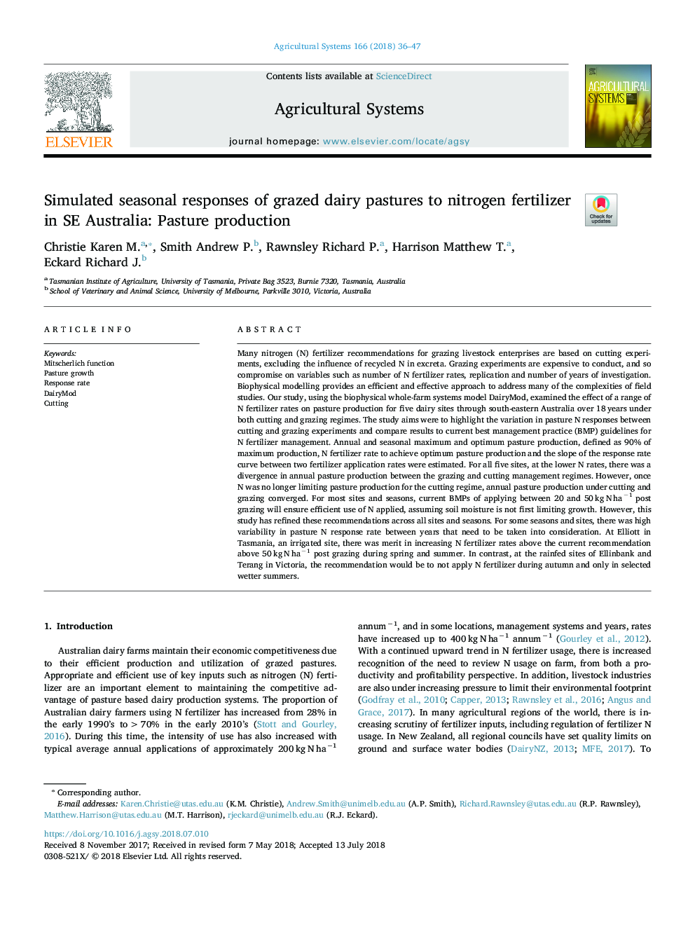 Simulated seasonal responses of grazed dairy pastures to nitrogen fertilizer in SE Australia: Pasture production