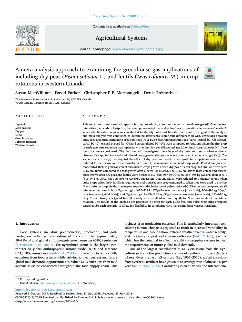 A meta-analysis approach to examining the greenhouse gas implications of including dry peas (Pisum sativum L.) and lentils (Lens culinaris M.) in crop rotations in western Canada