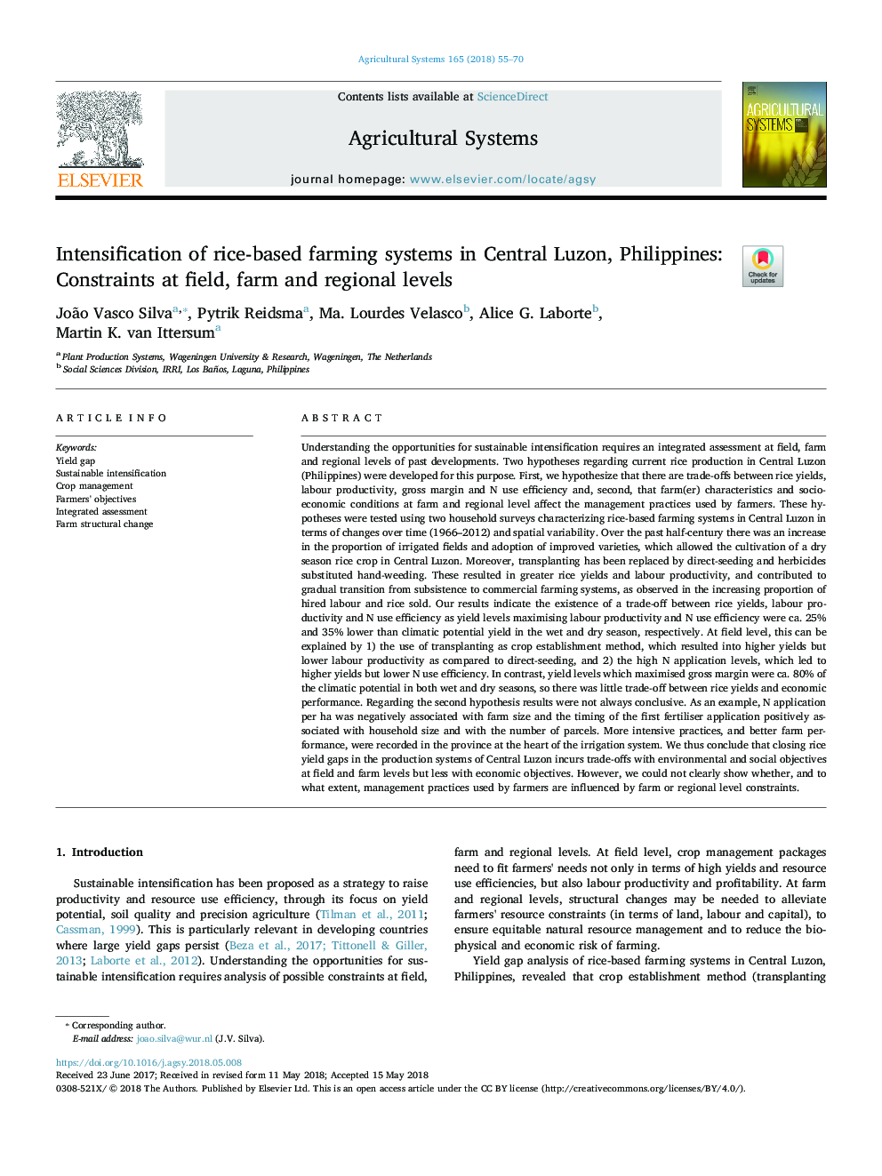 Intensification of rice-based farming systems in Central Luzon, Philippines: Constraints at field, farm and regional levels