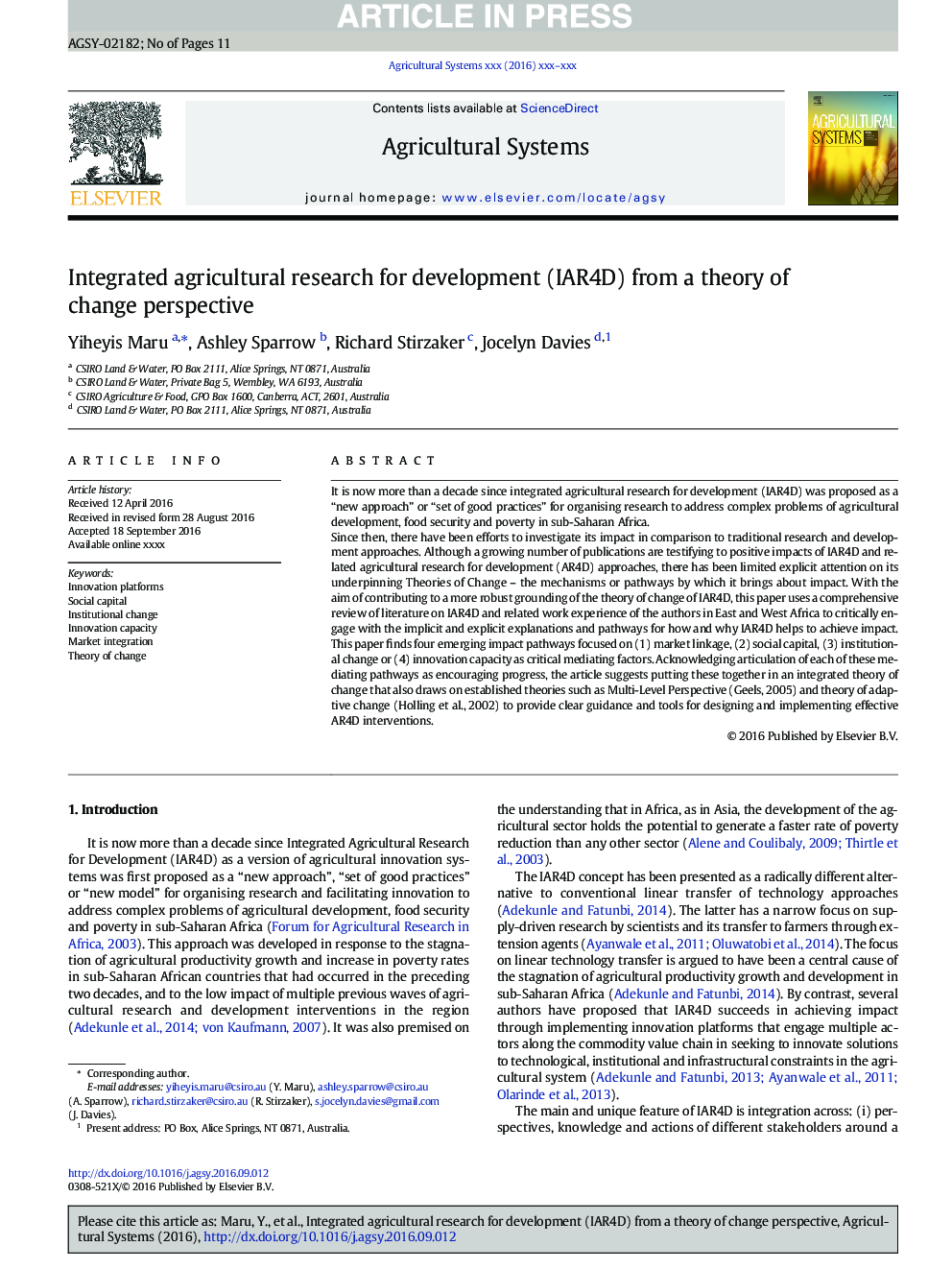 Integrated agricultural research for development (IAR4D) from a theory of change perspective