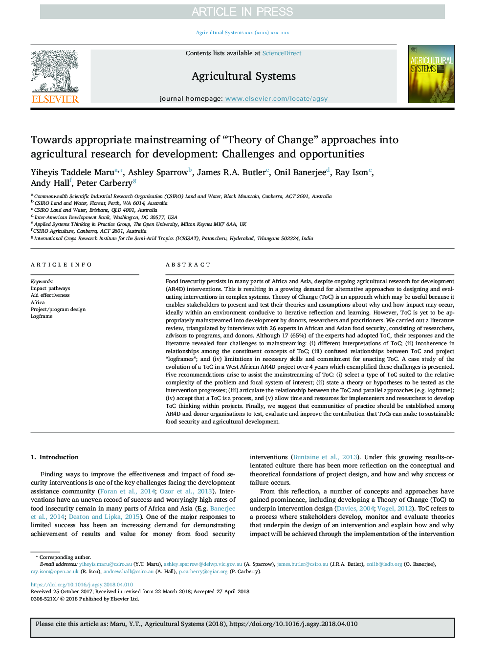 Towards appropriate mainstreaming of “Theory of Change” approaches into agricultural research for development: Challenges and opportunities