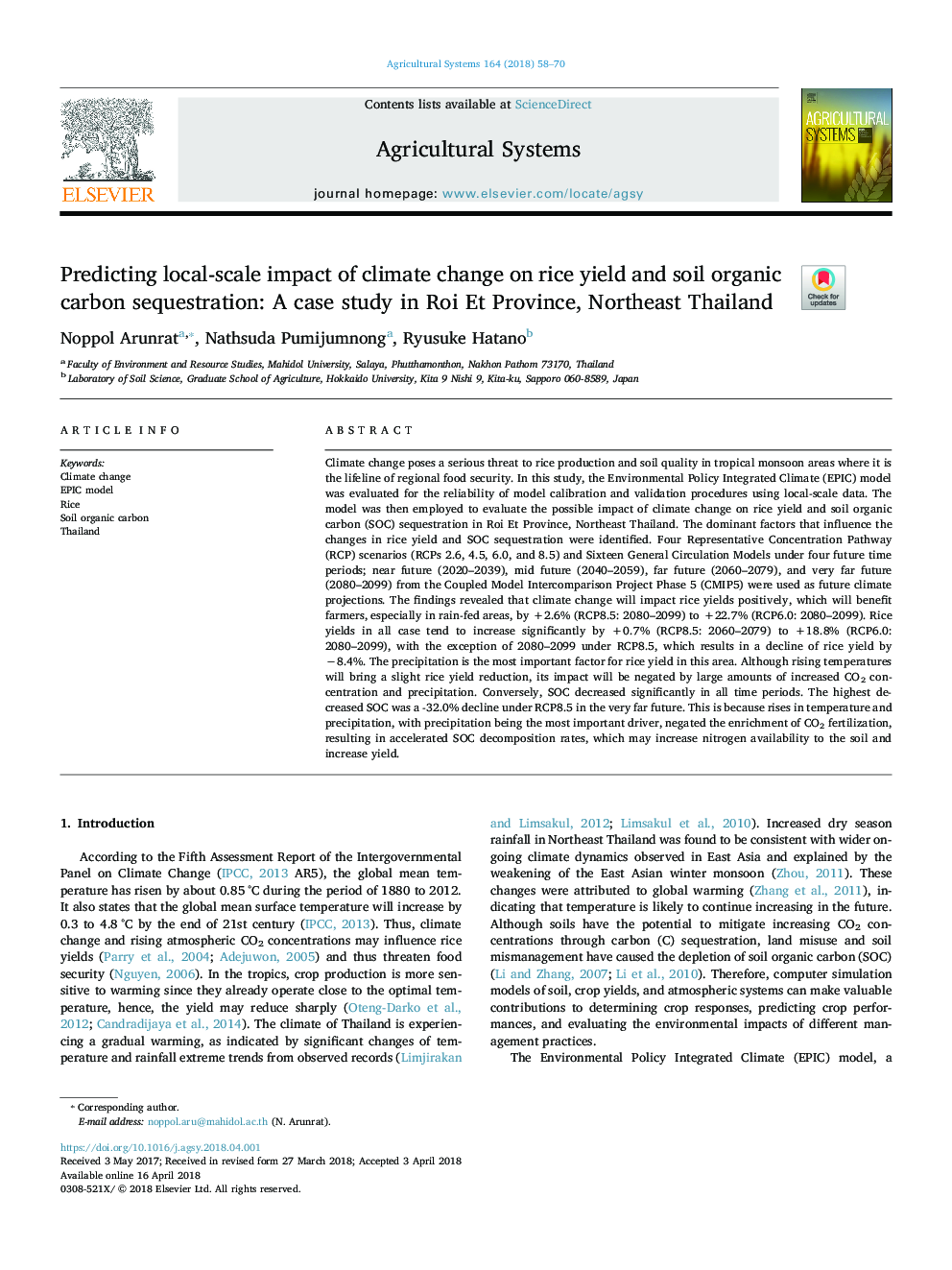 Predicting local-scale impact of climate change on rice yield and soil organic carbon sequestration: A case study in Roi Et Province, Northeast Thailand