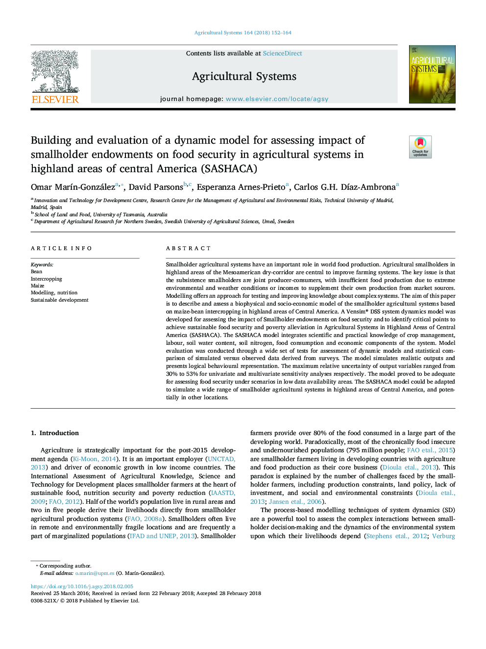 Building and evaluation of a dynamic model for assessing impact of smallholder endowments on food security in agricultural systems in highland areas of central America (SASHACA)