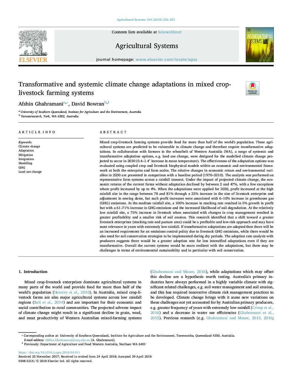 Transformative and systemic climate change adaptations in mixed crop-livestock farming systems