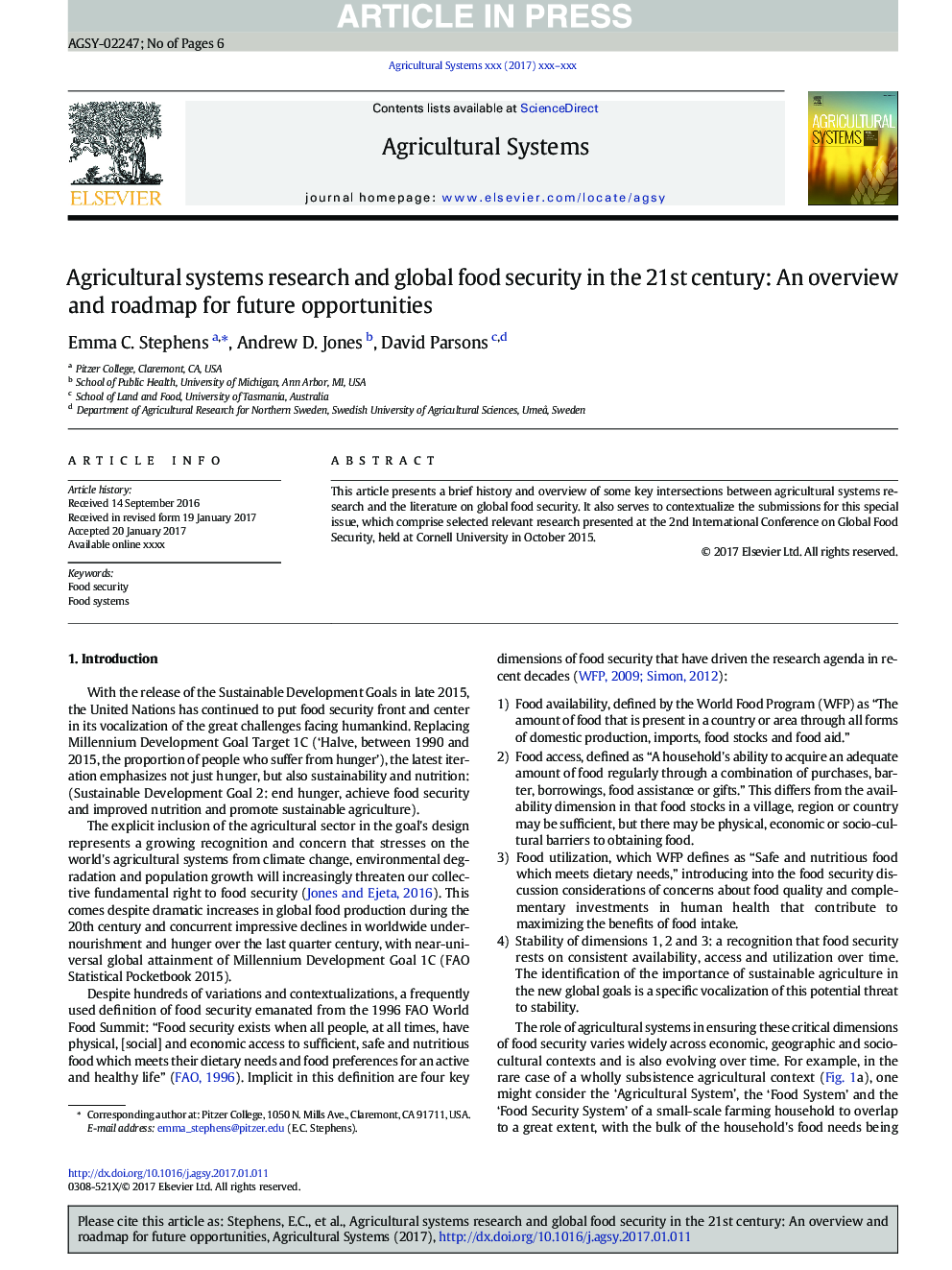 Agricultural systems research and global food security in the 21st century: An overview and roadmap for future opportunities