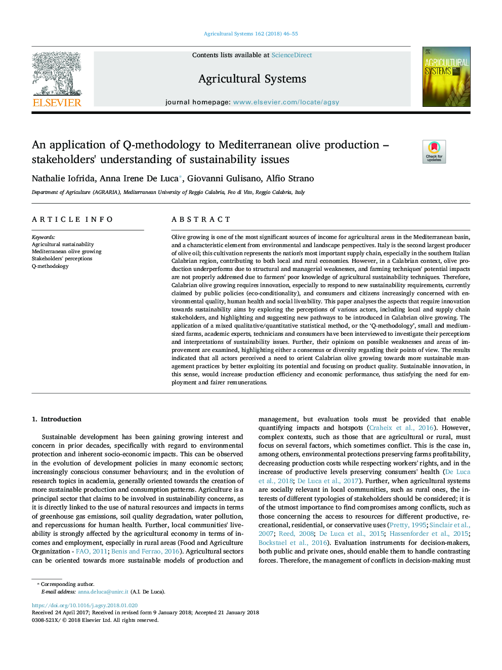 An application of Q-methodology to Mediterranean olive production - stakeholders' understanding of sustainability issues