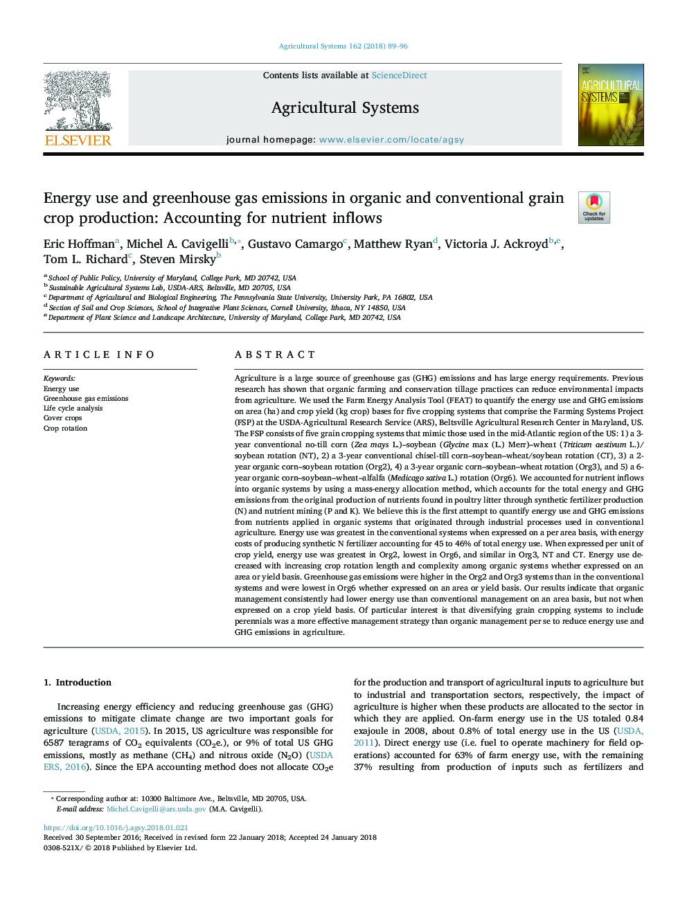 Energy use and greenhouse gas emissions in organic and conventional grain crop production: Accounting for nutrient inflows