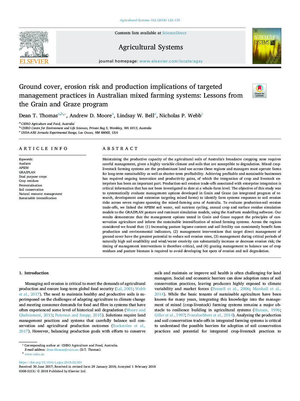 Ground cover, erosion risk and production implications of targeted management practices in Australian mixed farming systems: Lessons from the Grain and Graze program