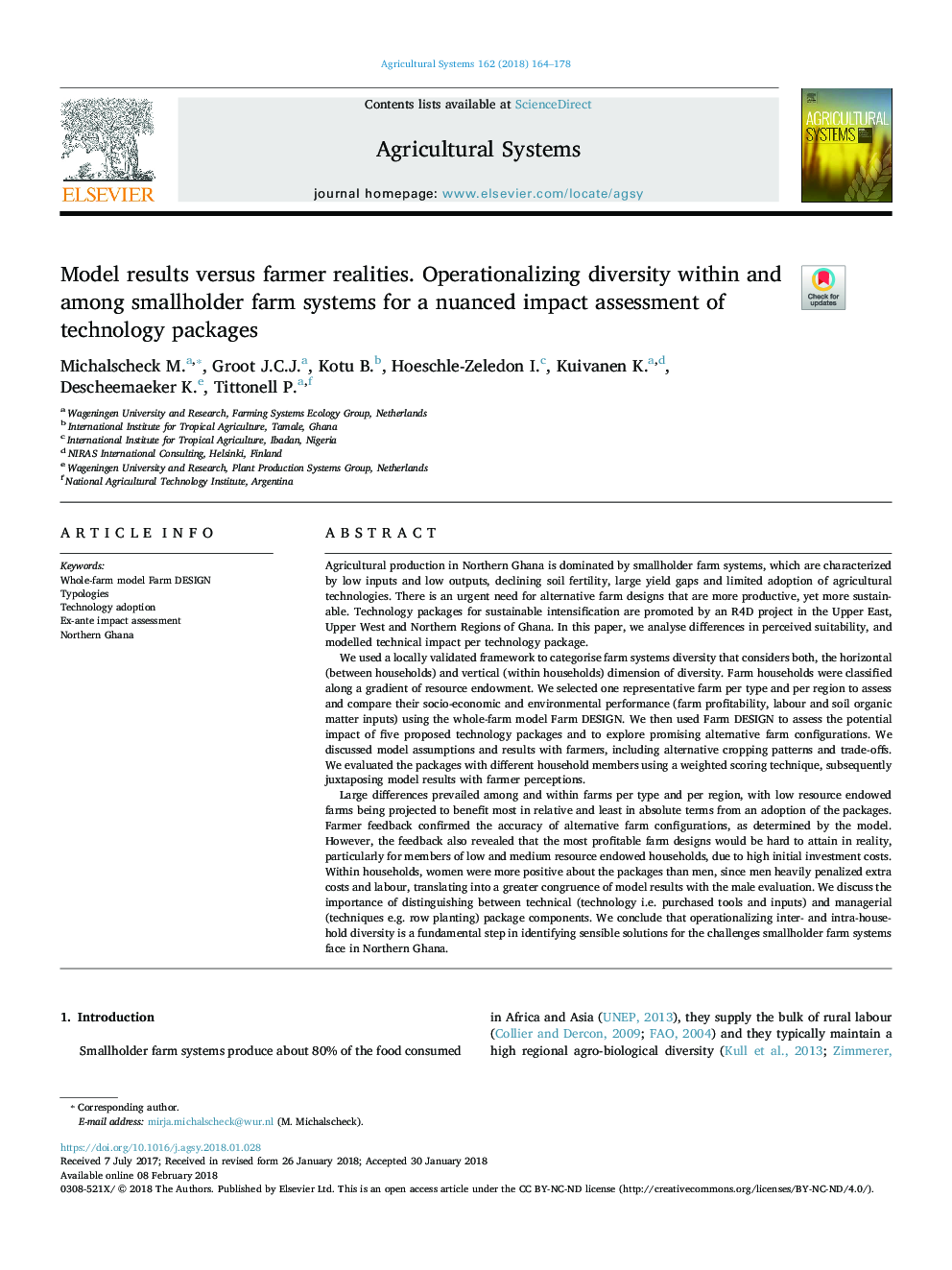 Model results versus farmer realities. Operationalizing diversity within and among smallholder farm systems for a nuanced impact assessment of technology packages