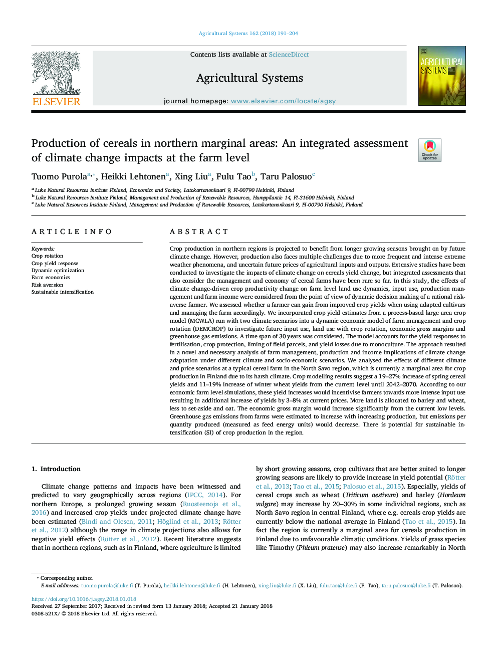 Production of cereals in northern marginal areas: An integrated assessment of climate change impacts at the farm level