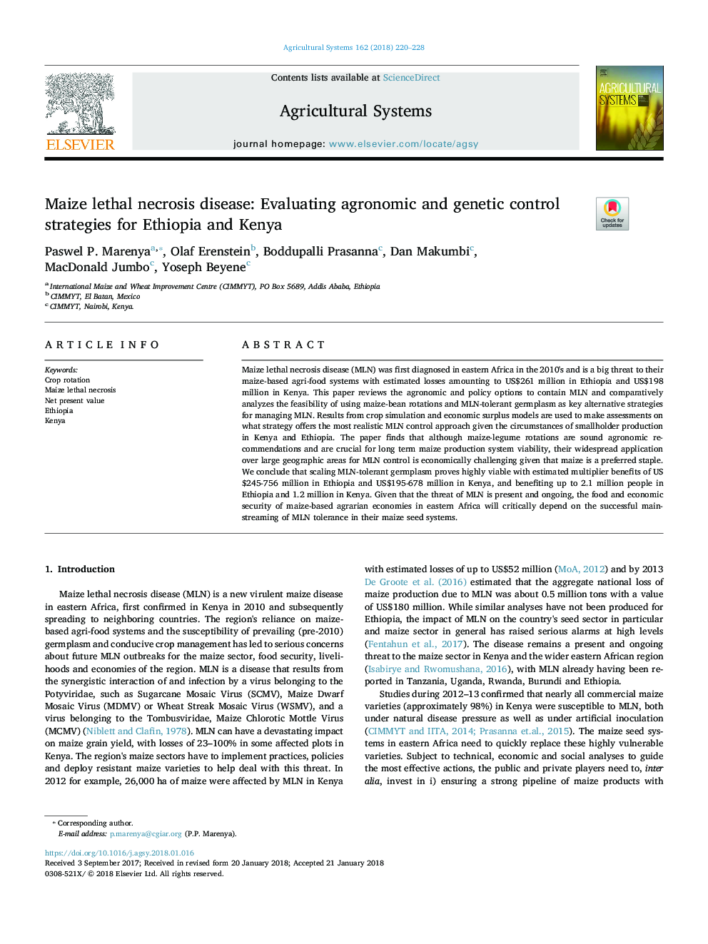 بیماری نکروز مرگبار ذرت: ارزیابی راهکارهای کنترل زراعی و ژنتیکی اتیوپی و 