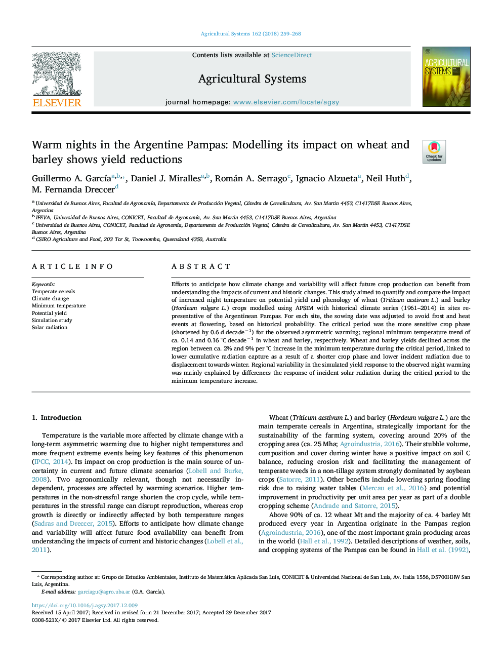 Warm nights in the Argentine Pampas: Modelling its impact on wheat and barley shows yield reductions