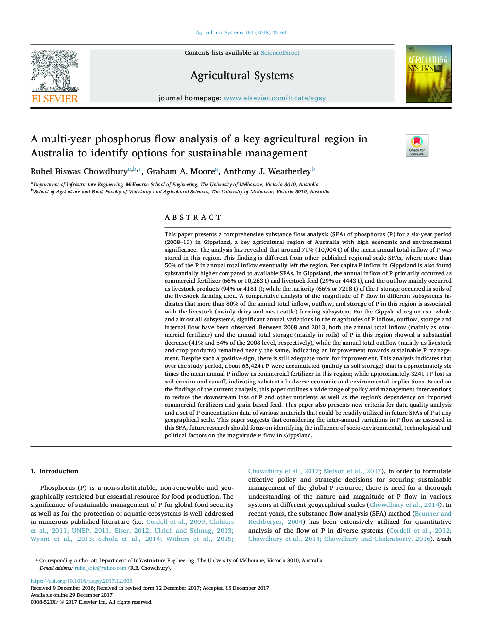 A multi-year phosphorus flow analysis of a key agricultural region in Australia to identify options for sustainable management