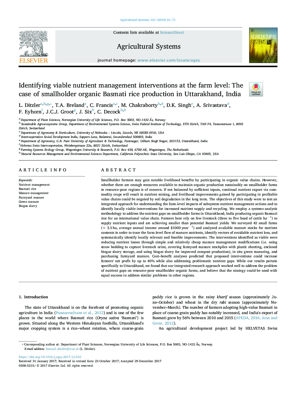 Identifying viable nutrient management interventions at the farm level: The case of smallholder organic Basmati rice production in Uttarakhand, India