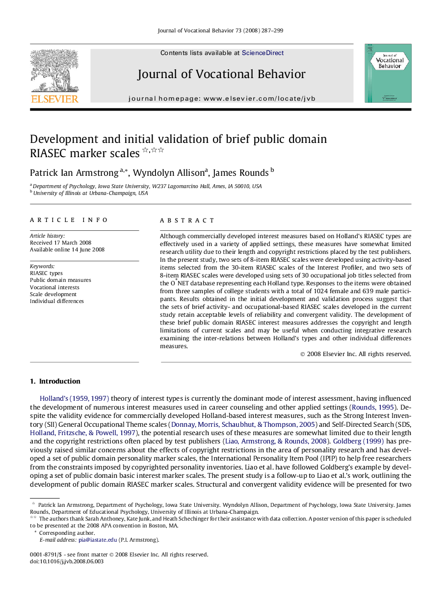 Development and initial validation of brief public domain RIASEC marker scales 