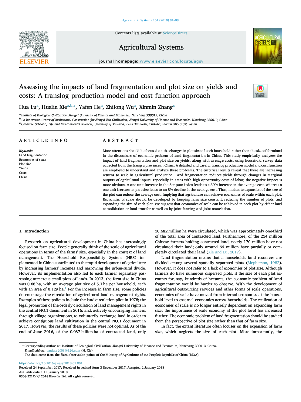 Assessing the impacts of land fragmentation and plot size on yields and costs: A translog production model and cost function approach