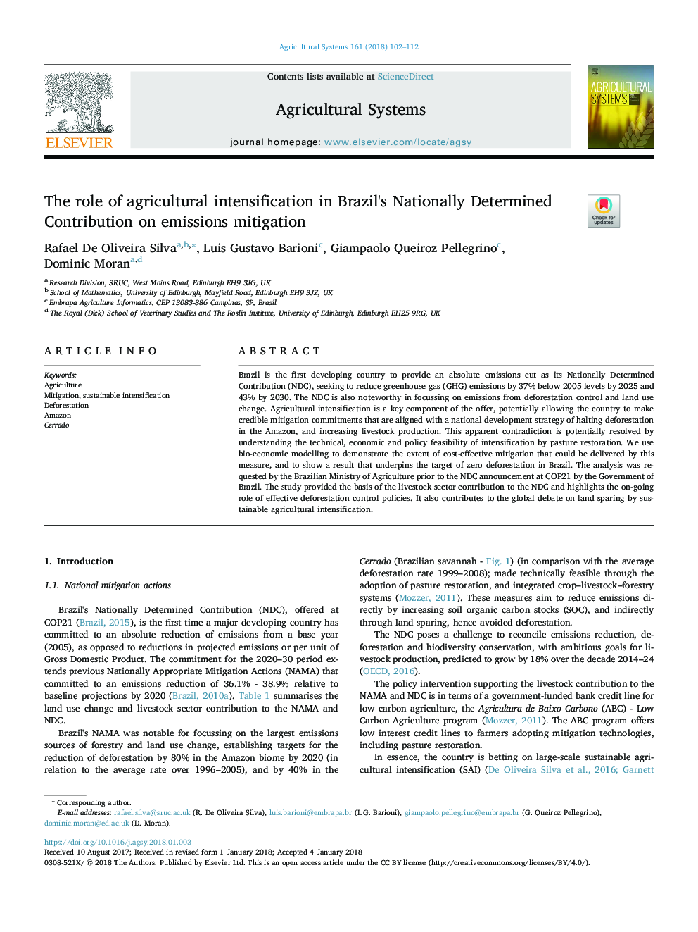 The role of agricultural intensification in Brazil's Nationally Determined Contribution on emissions mitigation