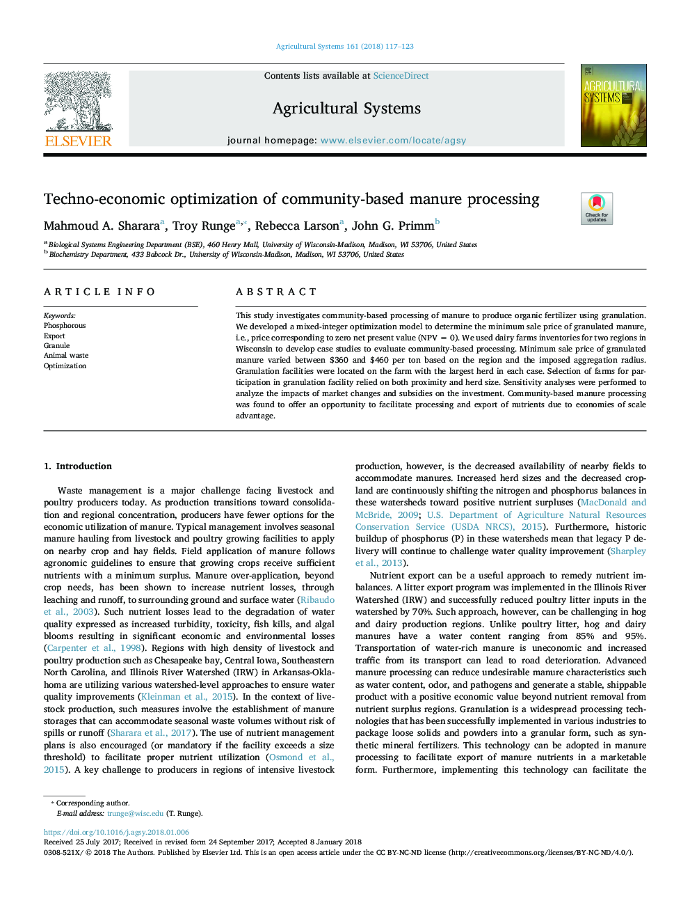 Techno-economic optimization of community-based manure processing