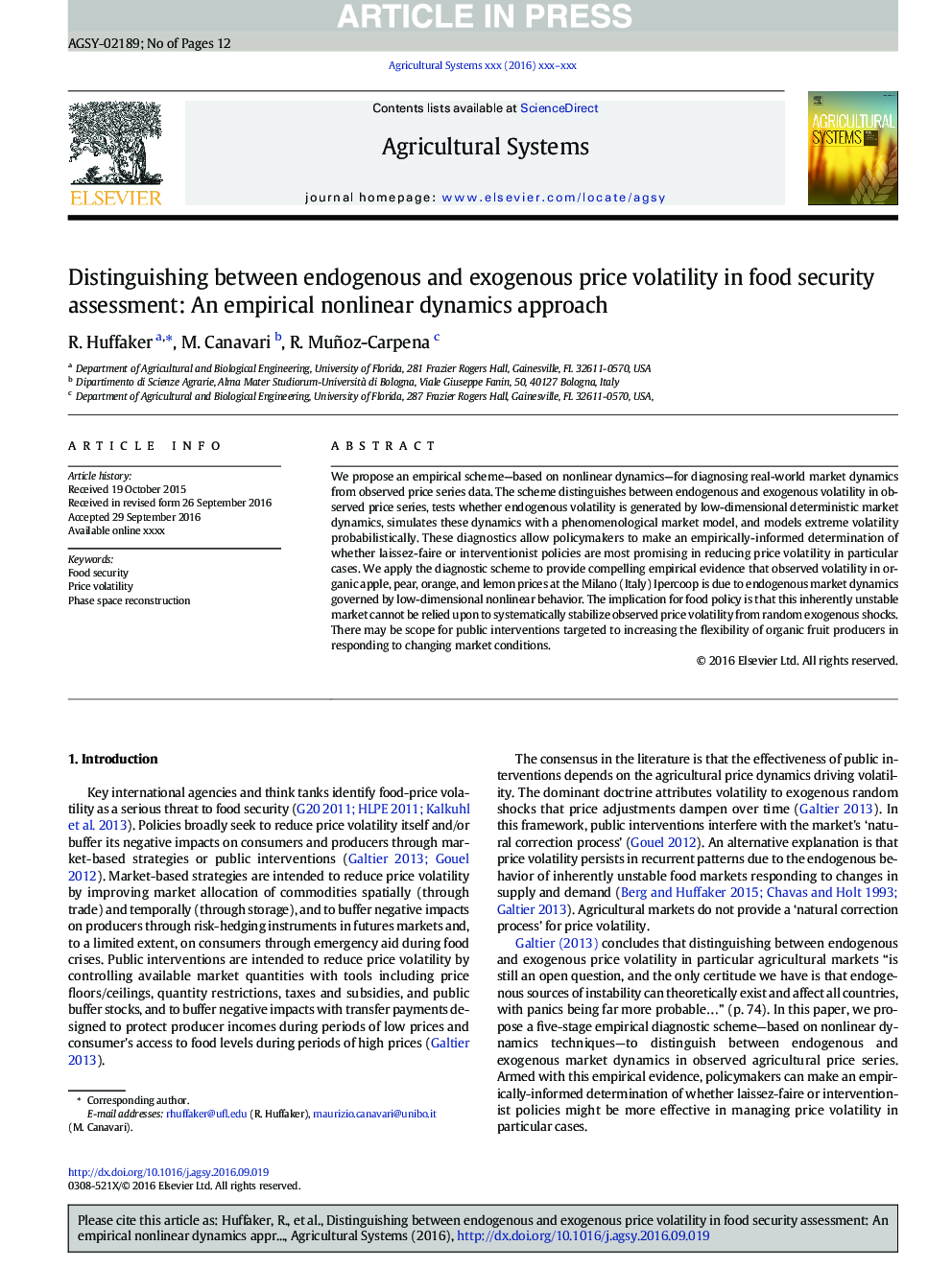 Distinguishing between endogenous and exogenous price volatility in food security assessment: An empirical nonlinear dynamics approach