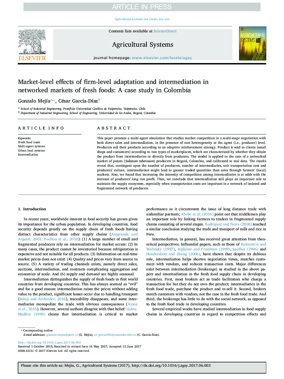 Market-level effects of firm-level adaptation and intermediation in networked markets of fresh foods: A case study in Colombia