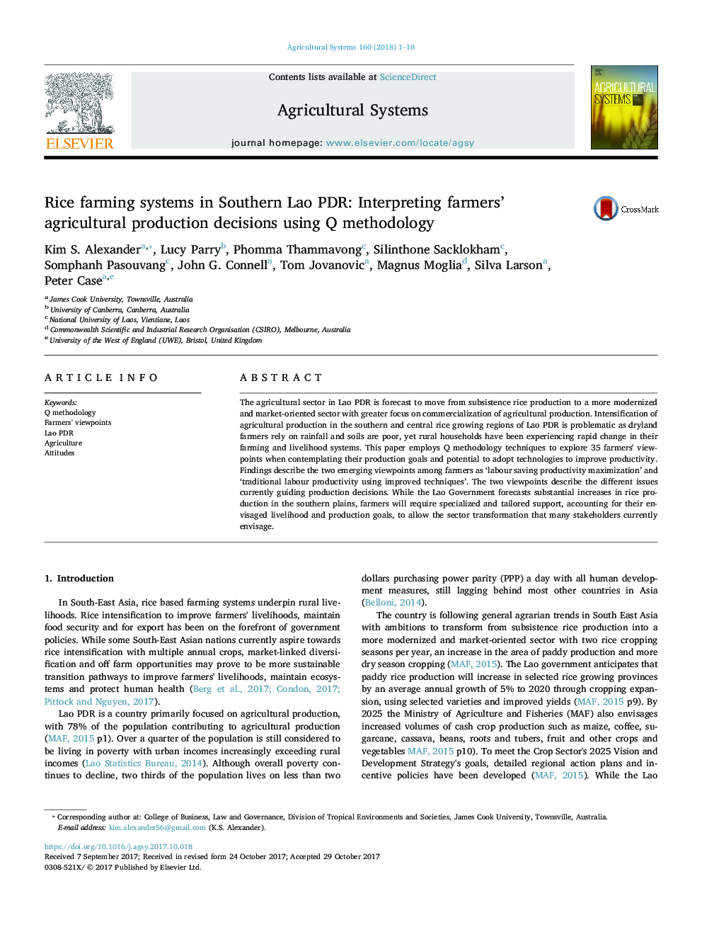 Rice farming systems in Southern Lao PDR: Interpreting farmers' agricultural production decisions using Q methodology