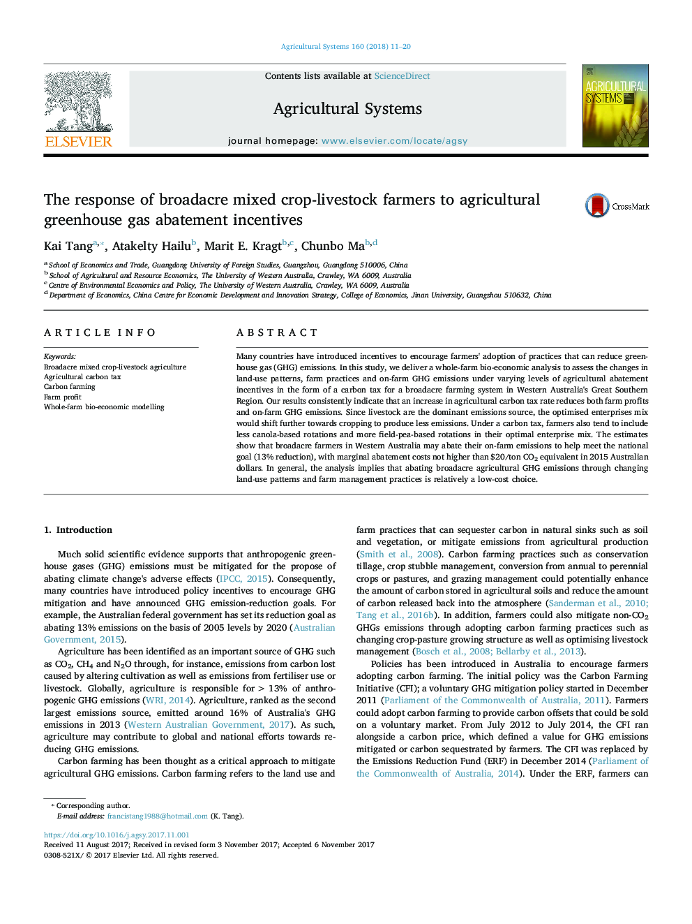 The response of broadacre mixed crop-livestock farmers to agricultural greenhouse gas abatement incentives