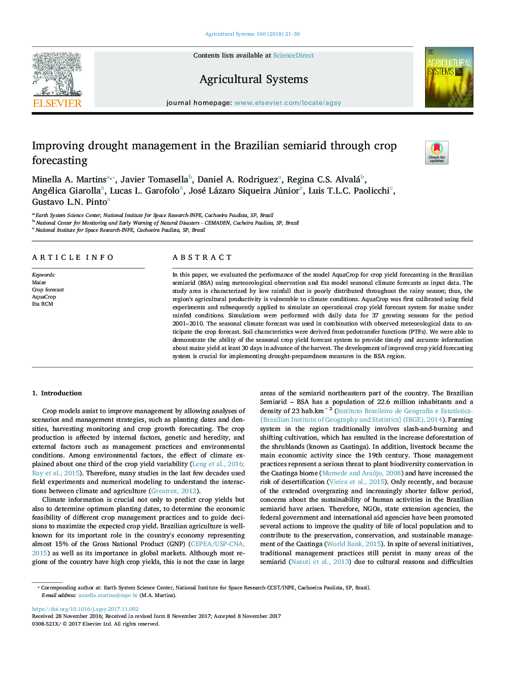 Improving drought management in the Brazilian semiarid through crop forecasting