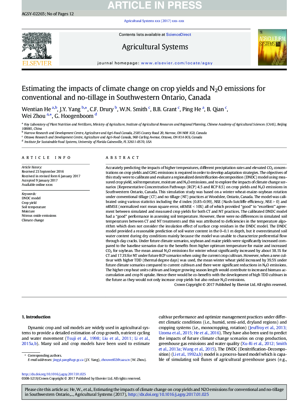 Estimating the impacts of climate change on crop yields and N2O emissions for conventional and no-tillage in Southwestern Ontario, Canada