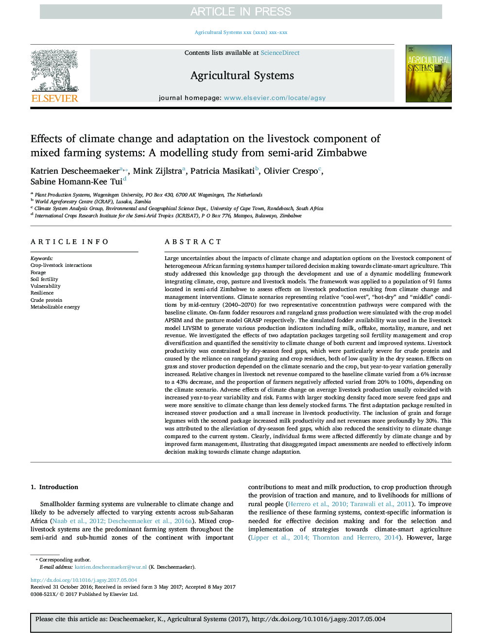 اثرات تغییرات آب و هوایی و سازگاری با مولفه های دام در سیستم های کشاورزی مختلط: یک مطالعه مدلسازی از نیمه خشک 