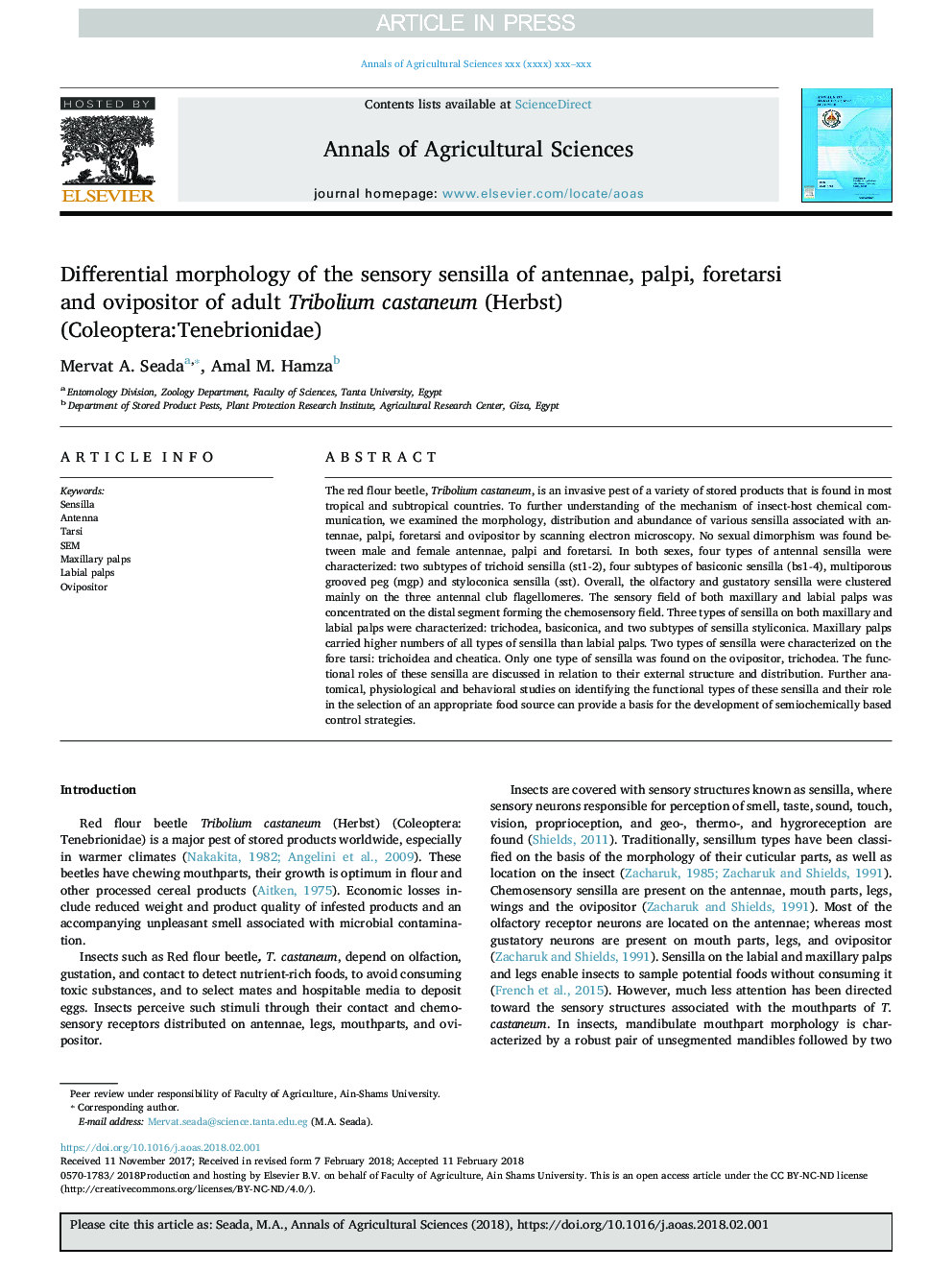 Differential morphology of the sensory sensilla of antennae, palpi, foretarsi and ovipositor of adult Tribolium castaneum (Herbst) (Coleoptera:Tenebrionidae)