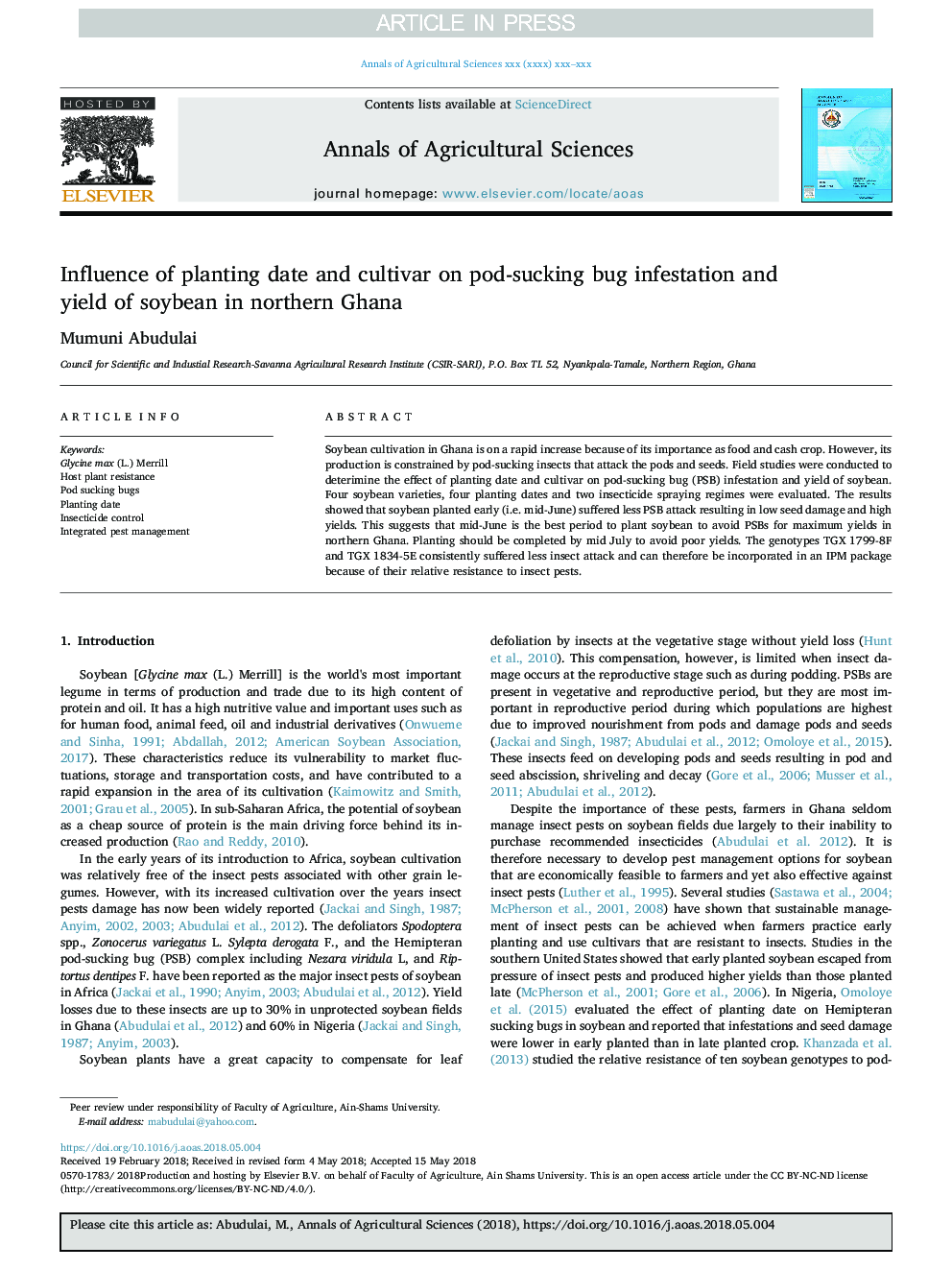 Influence of planting date and cultivar on pod-sucking bug infestation and yield of soybean in northern Ghana