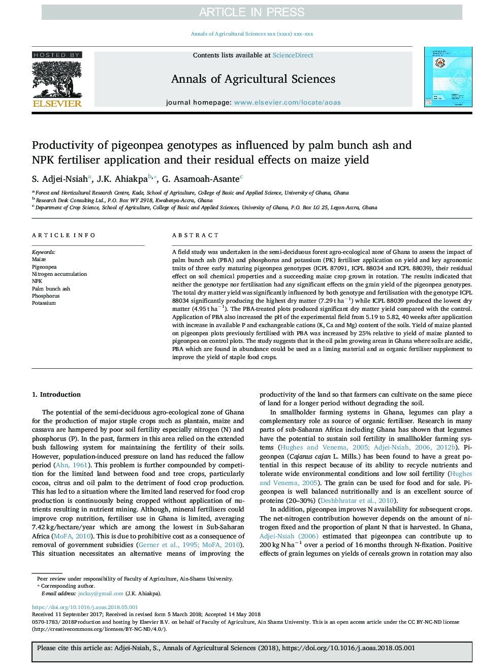 Productivity of pigeonpea genotypes as influenced by palm bunch ash and NPK fertiliser application and their residual effects on maize yield