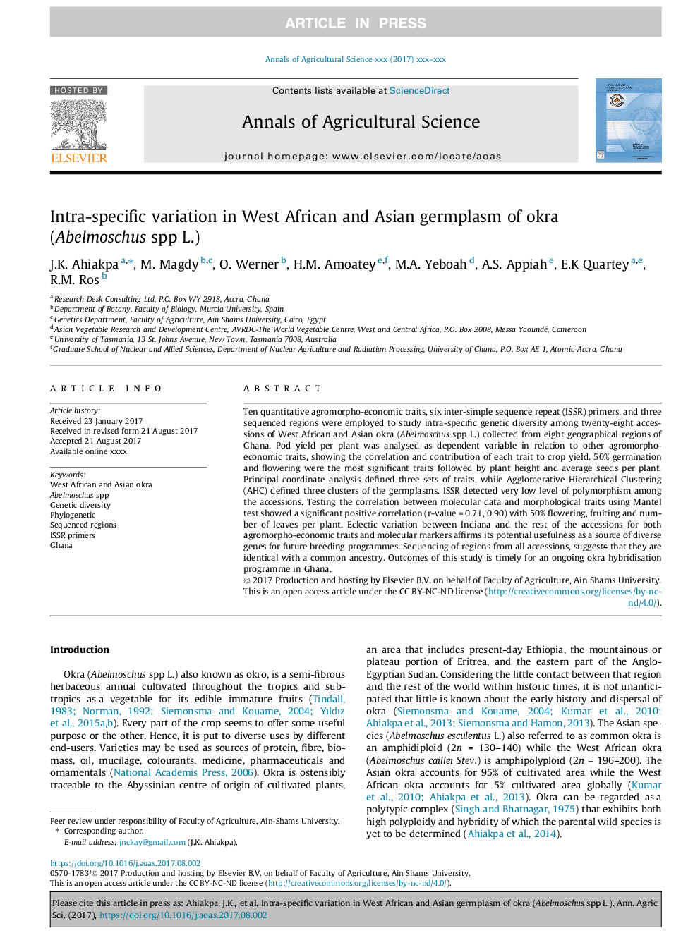 Intra-specific variation in West African and Asian germplasm of okra (Abelmoschus spp L.)