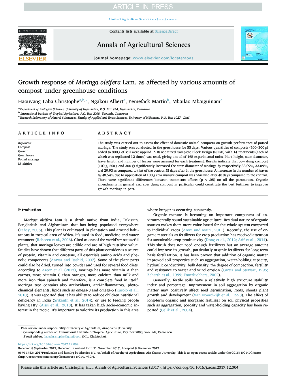 Growth response of Moringa oleifera Lam. as affected by various amounts of compost under greenhouse conditions