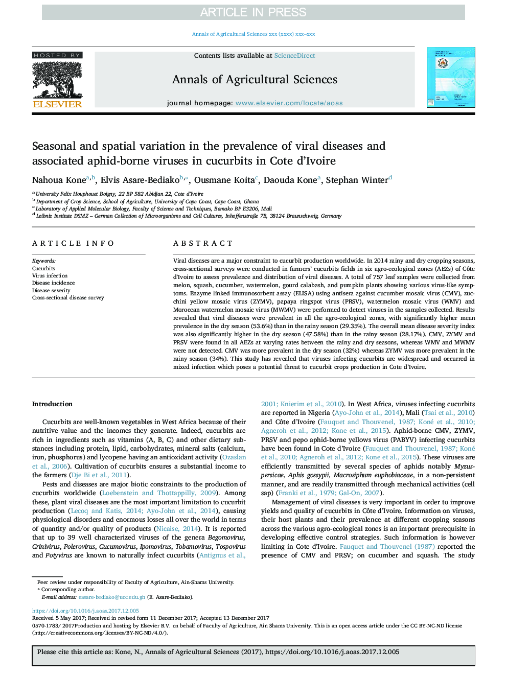 Seasonal and spatial variation in the prevalence of viral diseases and associated aphid-borne viruses in cucurbits in Cote d'Ivoire