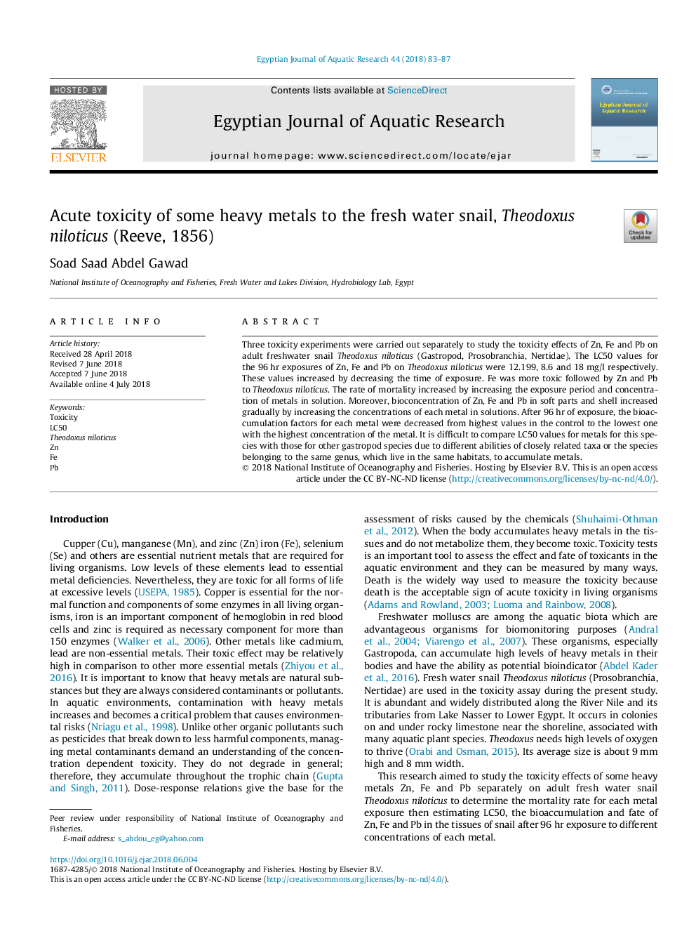 Acute toxicity of some heavy metals to the fresh water snail, Theodoxus niloticus (Reeve, 1856)