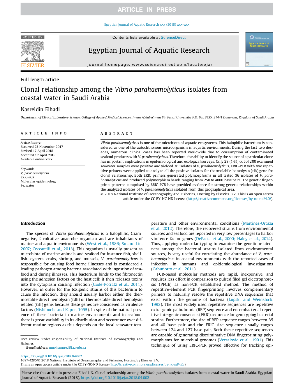 Clonal relationship among the Vibrio parahaemolyticus isolates from coastal water in Saudi Arabia