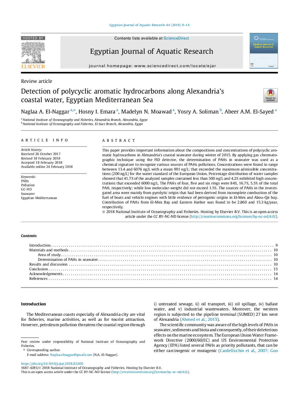 Detection of polycyclic aromatic hydrocarbons along Alexandria's coastal water, Egyptian Mediterranean Sea