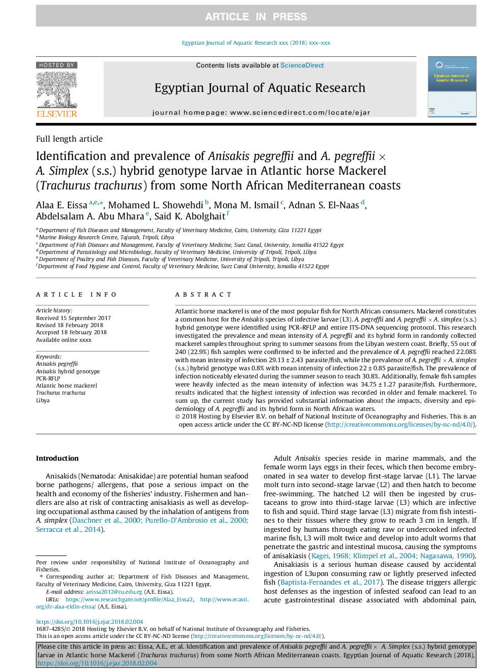 Identification and prevalence of Anisakis pegreffii and A. pegreffiiâ¯Ãâ¯A. Simplex (s.s.) hybrid genotype larvae in Atlantic horse Mackerel (Trachurus trachurus) from some North African Mediterranean coasts